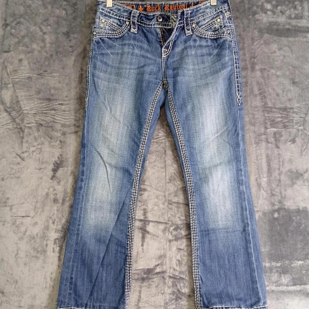Rock Revival Jeans‎ Womens 26 Blue Elaina Easy Boot Bootcut Flap Pockets Bling